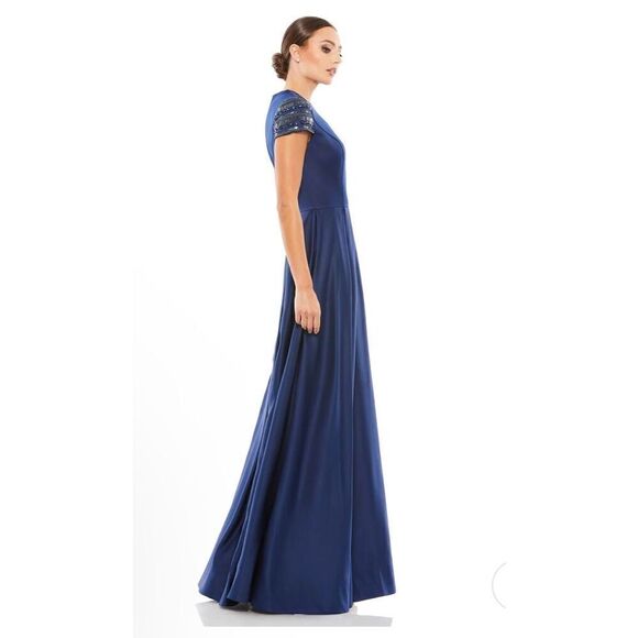 Mac Duggal NWT size 6 Navy Cap Sleeve hand beaded gown style 25947 - A-line - Picture 3 of 6
